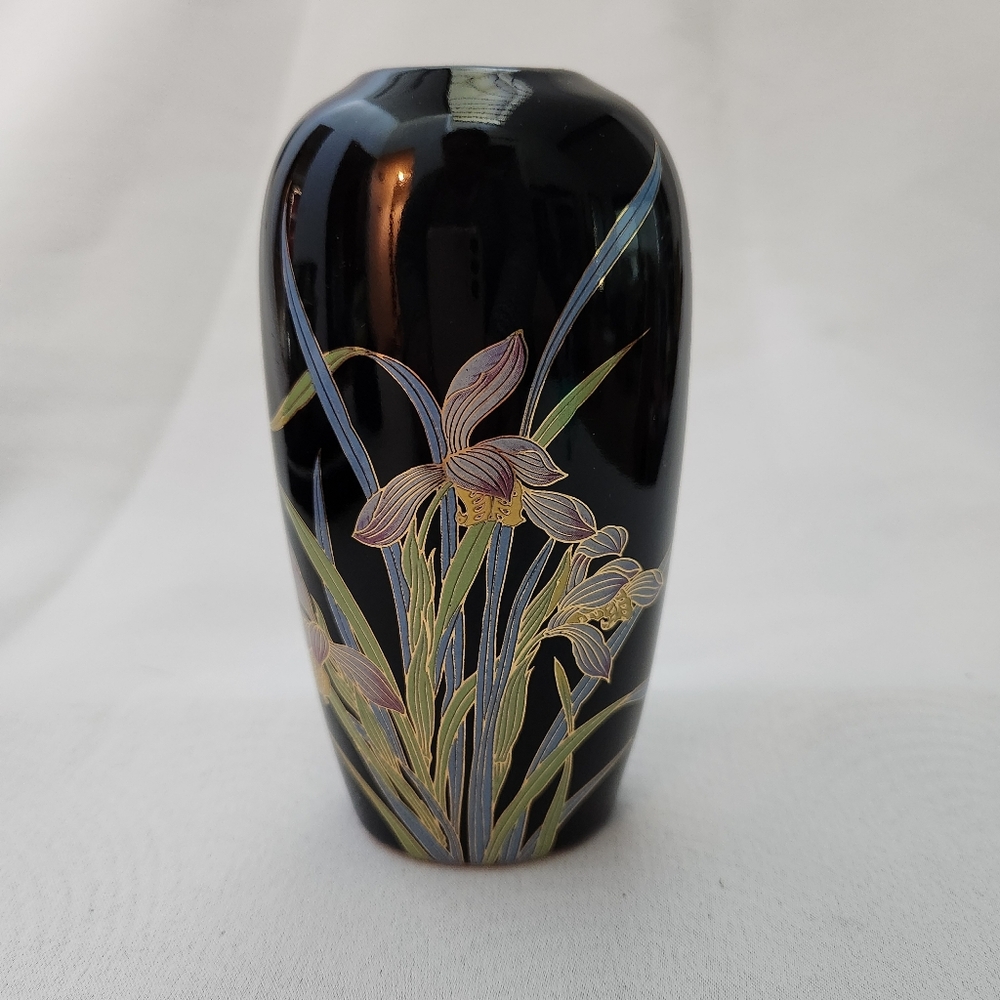 Vintage Black Onyx San Francisco Iris Vase takakashi japan Porcelain 5.5"